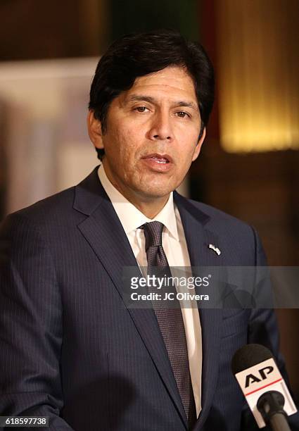 Senator Kevin De Leon speaks during a ceremony where Charles Aznavour was awarded with a Honorary Walk Of Fame Plaque by Senator Kevin De Leon at the...