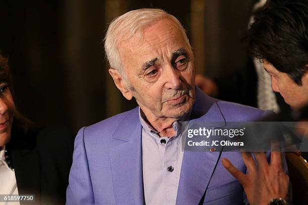 Charles Aznavour receives a Honorary Walk Of Fame Plaque by Senator Kevin De Leon at the Pantages Theatre on October 27, 2016 in Hollywood,...