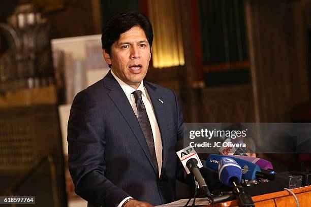 Senator Kevin De Leon speaks during a ceremony where Charles Aznavour was awarded with a Honorary Walk Of Fame Plaque by Senator Kevin De Leon at the...