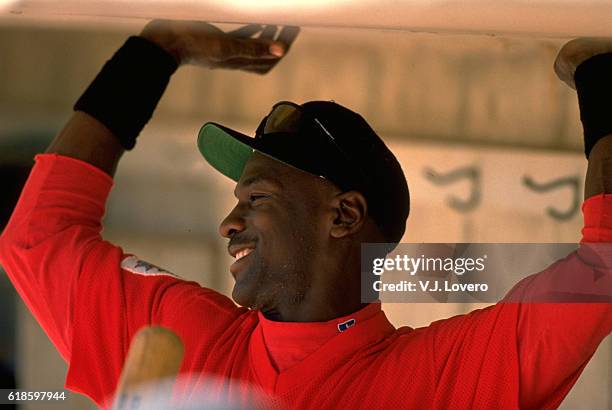 Closeup of Scottsdale Scorpions Michael Jordan in dugout before game at Scottsdale Stadium. Scottsdale, AZ CREDIT: V.J. Lovero