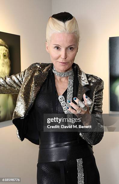 Daphne Guinness attends the closing party of artist Ben Ashton's exhibition 'The King Is Dead, Long Live The King' at The Cob Gallery on October 27,...