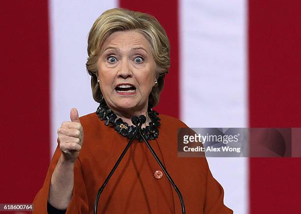 Democratic presidential candidate Hillary Clinton speaks during a campaign event at the Lawrence Joel Veterans Memorial Coliseum October 27, 2016 in...