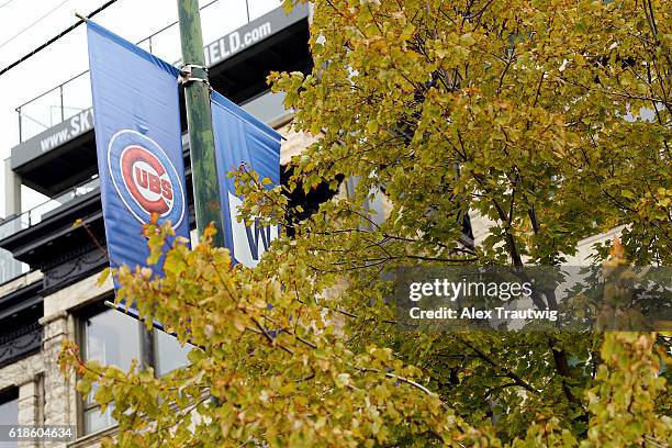 Cubs banners are seen during the workout day for the 2016 World Series between the Cleveland Indians and the Chicago Cubs at Wrigley Field on...