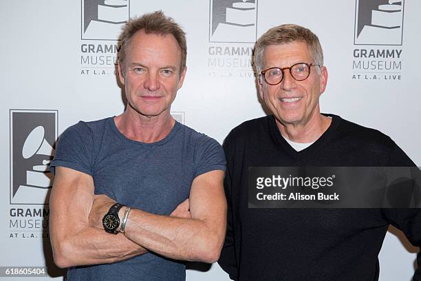 Singer/songwriter Sting and GRAMMY Museum Executive Director Bob Santelli attend An Evening With Sting at The GRAMMY Museum on October 26, 2016 in...