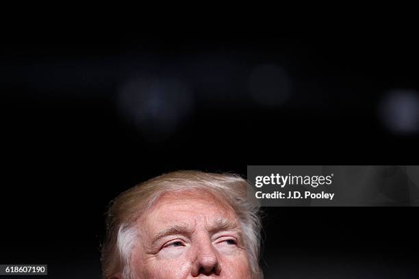 Republican presidential nominee Donald Trump speaks to supporters during a campaign event at the SeaGate Convention Centre on October 27, 2016 in...