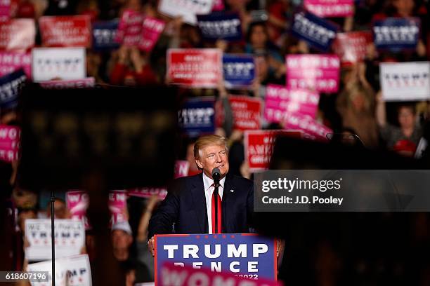 Republican presidential nominee Donald Trump speaks to supporters during a campaign event at the SeaGate Convention Centre on October 27, 2016 in...