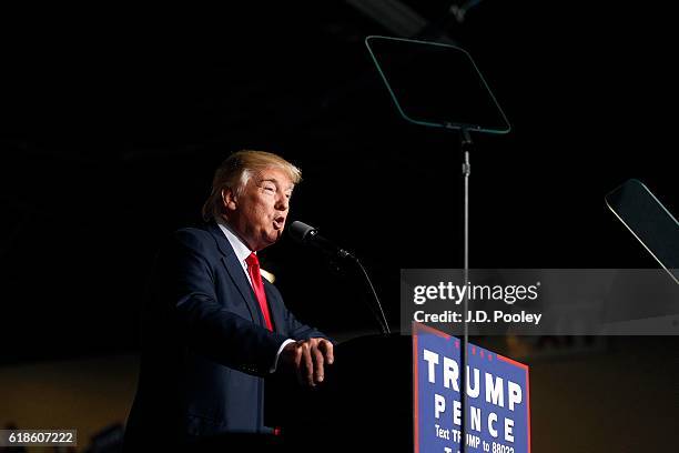 Republican presidential nominee Donald Trump speaks to supporters during a campaign event at the SeaGate Convention Centre on October 27, 2016 in...