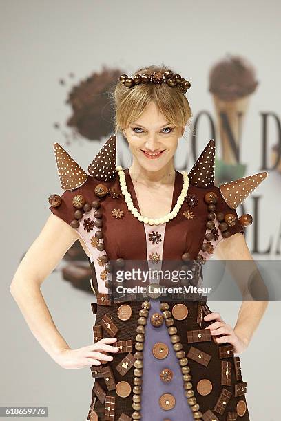 Maya Lauque walks the runway during the Dress Chocolate Show as part of Salon du Chocolat at Parc des Expositions Porte de Versailles on October 27,...
