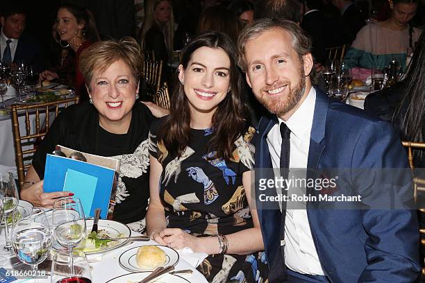 President & CEO of the U.S. Fund for UNICEF Caryl M. Stern, actress Anne Hathaway, and actor Adam Shulman attend the World of Children Awards...