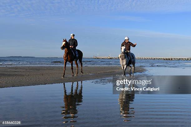 Trainer Matt Cumani riding Grey Lion and sister Francesca Cumani riding Gallic Chieftain walk in the shallow waters of Altona Beach in preparation...