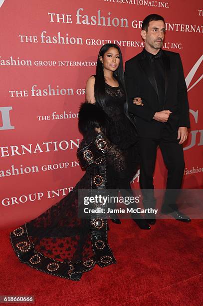 Nicki Minaj and Riccardo Tisci attend 2016 Fashion Group International Night Of Stars Gala at Cipriani Wall Street on October 27, 2016 in New York...