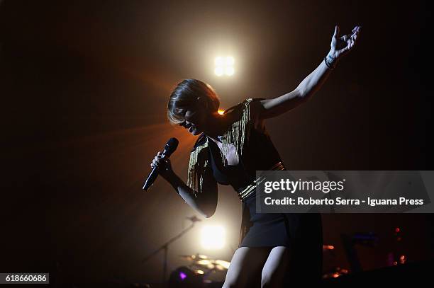 Italian pop singer Alessandra Amoroso performs his concert "Vivere a Colori" at Unipol Arena on October 27, 2016 in Bologna, Italy.