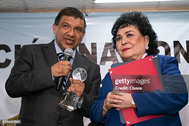 Mexican actress Carmen Salinas receives a medal during a ceremony to recognize her carrer of over 60 years at Asociacion Nacional de Locutores de...