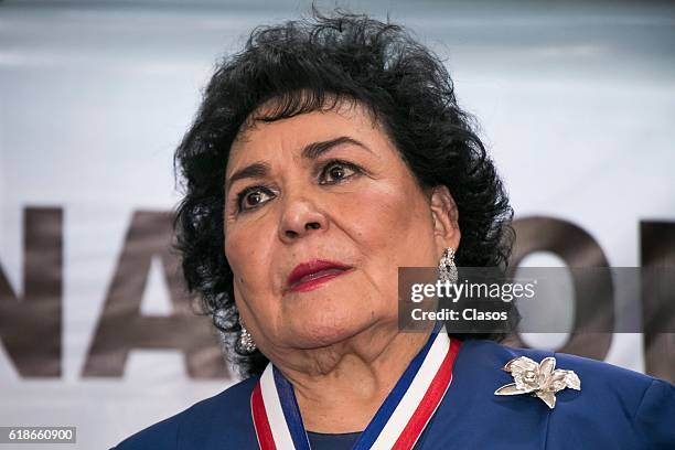 Mexican actress Carmen Salinas receives a medal during a ceremony to recognize her carrer of over 60 years at Asociacion Nacional de Locutores de...