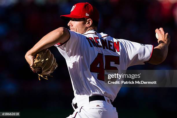 Blake Treinen of the Washington Nationals throws a pitch to a Los Angeles Dodgers batter in the eighth inning in game two of the National League...