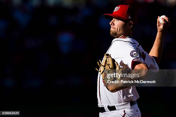 Blake Treinen of the Washington Nationals throws a pitch to a Los Angeles Dodgers batter in the eighth inning in game two of the National League...