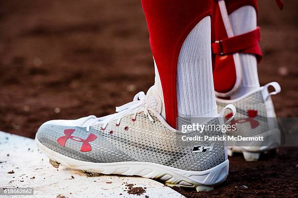 Bryce Harper of the Washington Nationals wears Under Armour shoes during the sixth inning in game two of the National League Division Series against...