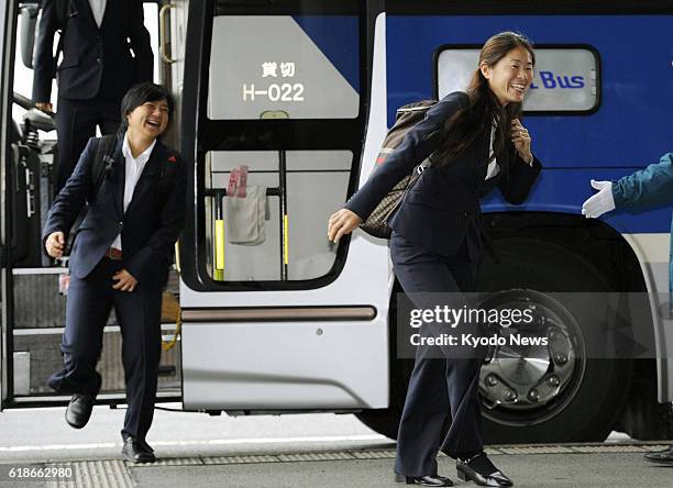 Japan - Homare Sawa and Shinobu Ono, members of the Japanese women's national soccer team dubbed ''Nadeshiko Japan,'' arrive at Narita airport, near...