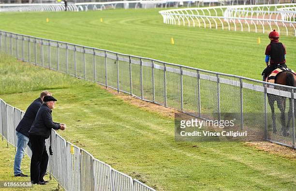 Owner Lloyd Williams and son Nick Williams are seen watching Bondi Beach gallop during a Werribee Trackwork Session on October 28, 2016 in Werribee,...