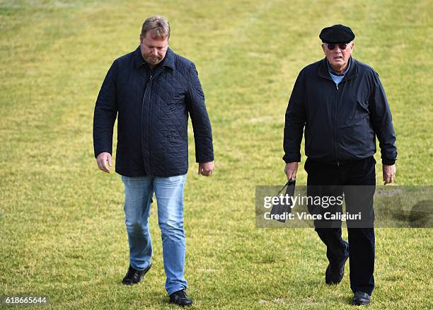 Owner Lloyd Williams and son Nick Williams are seen watching Bondi Beach gallop during a Werribee Trackwork Session on October 28, 2016 in Werribee,...