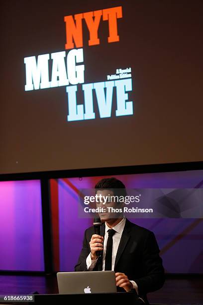 The New York Times Editor in Chief Jake Silverstein speaks during NYT Mag Live: A Special Politics Edition at Neuehouse on October 27, 2016 in New...