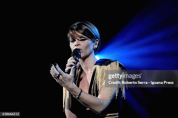 Italian pop singer Alessandra Amoroso performs his concert "Vivere a Colori" at Unipol Arena on October 27, 2016 in Bologna, Italy.