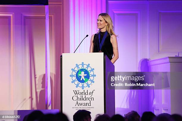 Actress Stephanie March speaks on stage during the World of Children Awards Ceremony on October 27, 2016 in New York City.