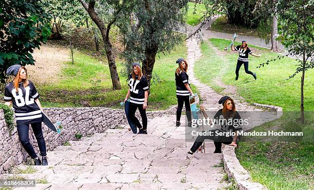 multiple image of a beautiful young hispanic skater girl - jewish people stock-fotos und bilder