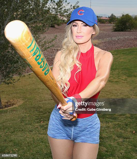 Model Ana Braga poses for a Chicago Cubs themed photo shoot on October 27, 2016 in Las Vegas, Nevada.