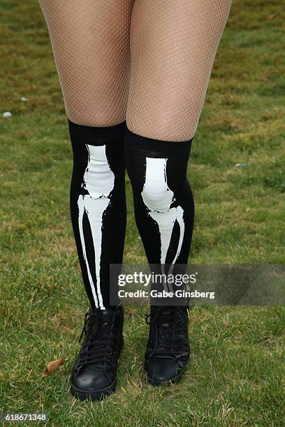 Model Ana Braga, socks detail, poses for a Chicago Cubs themed photo shoot on October 27, 2016 in Las Vegas, Nevada.