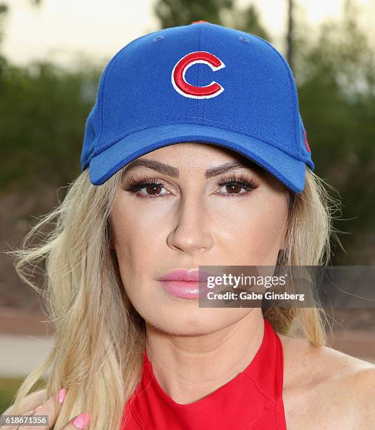 Model Ana Braga poses for a Chicago Cubs themed photo shoot on October 27, 2016 in Las Vegas, Nevada.