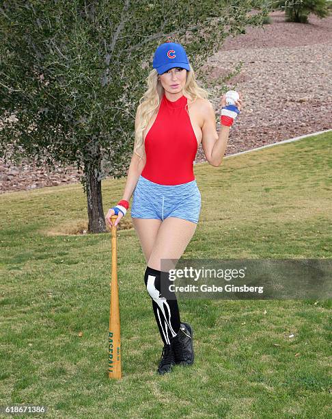 Model Ana Braga poses for a Chicago Cubs themed photo shoot on October 27, 2016 in Las Vegas, Nevada.