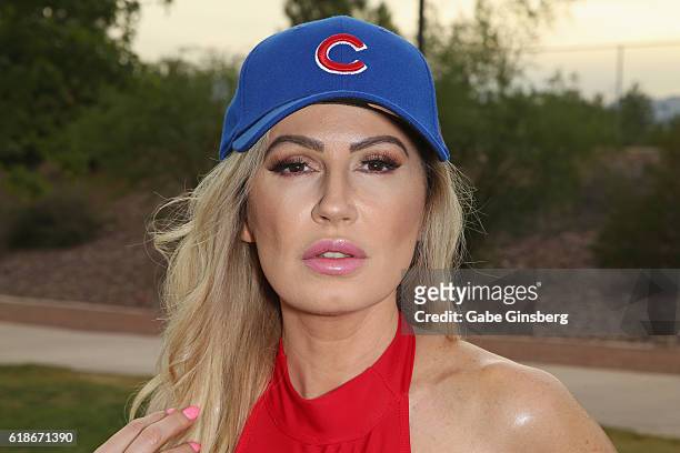 Model Ana Braga poses for a Chicago Cubs themed photo shoot on October 27, 2016 in Las Vegas, Nevada.