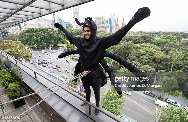 An abseiling spider about to descend the outside wall at the Australian Museum on October 28, 2016 in Sydney, Australia. The event was to celebrate...