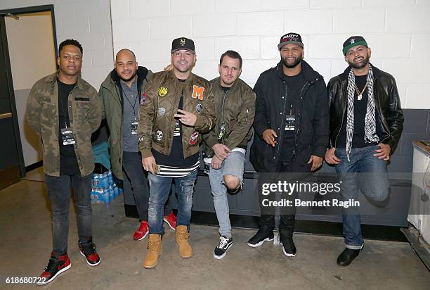 First Choice, Len Boogs, DJ Prostyle, Chris Gotti, JoelAllPro, and DJ Silas pose backstage during Power 105.1's Powerhouse 2016 at Barclays Center on...