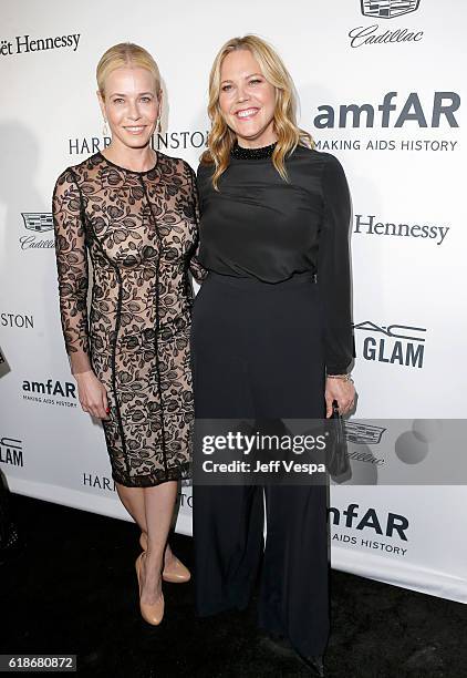 Personality Chelsea Handler and actress Mary McCormack attend amfAR's Inspiration Gala Los Angeles at Milk Studios on October 27, 2016 in Hollywood,...