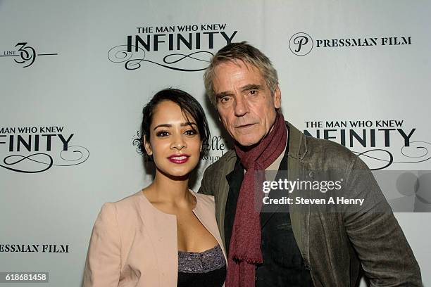 Actors Devika Bhise and Jeremy Irons attend a dinner and conversation during "The Man Who Knew Infinity" New York Screening at Bagatelle on October...