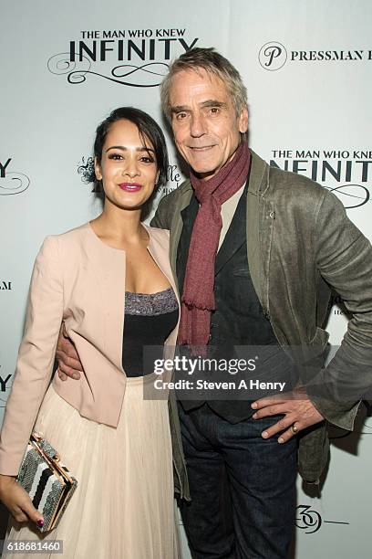 Actors Devika Bhise and Jeremy Irons attend a dinner and conversation during "The Man Who Knew Infinity" New York Screening at Bagatelle on October...