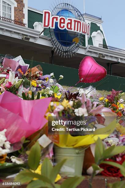 Flowers and tributes at Dreamworld on October 28, 2016 in Gold Coast, Australia. Four people were killed following an accident on the Thunder Rapids...