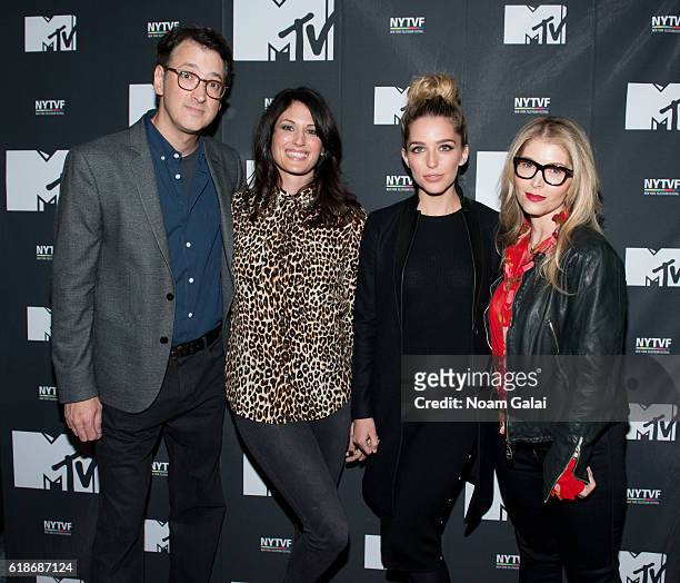 Harry Elfont, Scout Durwood, Jessica Rothe and Deborah Kaplan attend 'The Struggle Is Real: Gender, Race, Entrepreneurship And The Women Of MTV'...