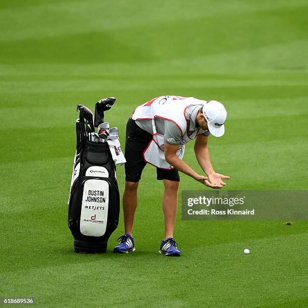 Austin Johnson, the 'HSBC Caddie of the Year' and brother of Dustin Johnson of the United States attemps to catch his players ball during the third...