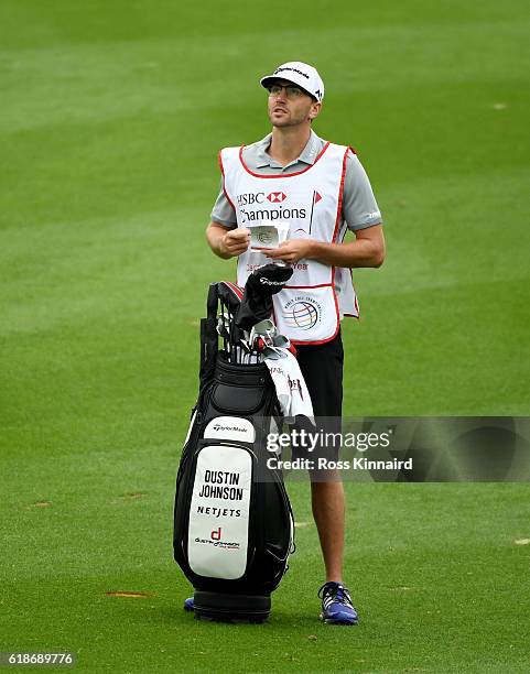 Austin Johnson, the 'HSBC Caddie of the Year' and brother of Dustin Johnson of the United States during the third round of the WGC - HSBC Champions...