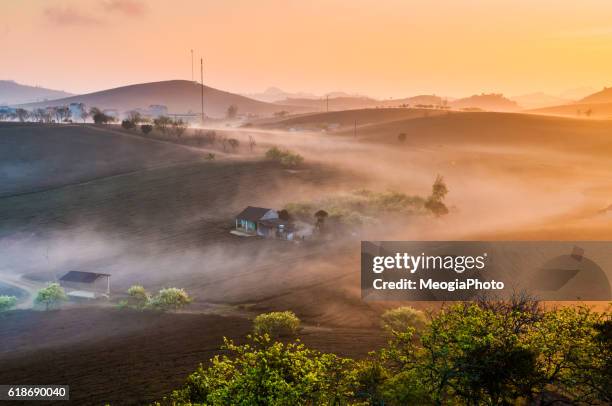 sunrise in mist in moc chau, vietnam - son la province stock pictures, royalty-free photos & images