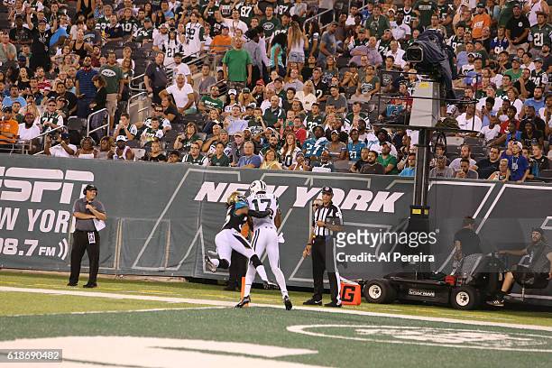 Wide Receiver Charone Peake of the New York Jets scores a Touchdown against the Jacksonville Jaguars during an NFL preseason game at MetLife Stadium...