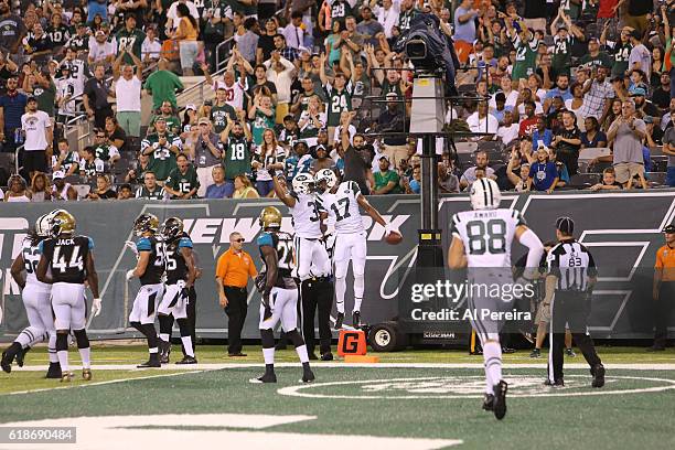 Wide Receiver Charone Peake of the New York Jets scores a Touchdown against the Jacksonville Jaguars during an NFL preseason game at MetLife Stadium...