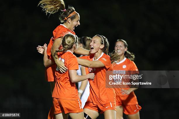 Clemson's Sam Staab celebrates her goal with teammates. The Duke University Blue Devils hosted the Clemson University Tigers on October 27 at...