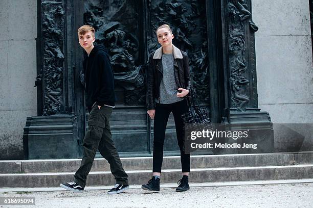 Model twins Ruth Bell and May Bell after the Dior show at Musee Rodin on September 30, 2016 in Paris, France.