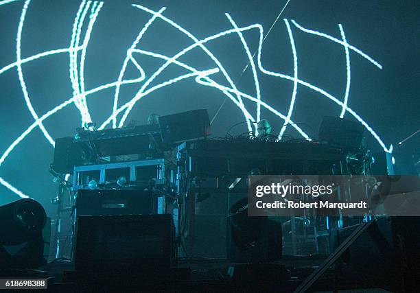 Ed Simons and Tom Rowlands of the Chemical Brothers peform on stage at Poble Espanyol on October 27, 2016 in Barcelona, Spain.