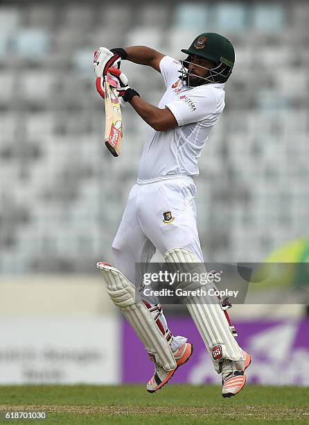 Tamim Iqbal of Bangladesh bats during the first day of the 2nd Test match between Bangladesh and England at Sher-e-Bangla National Cricket Stadium on...