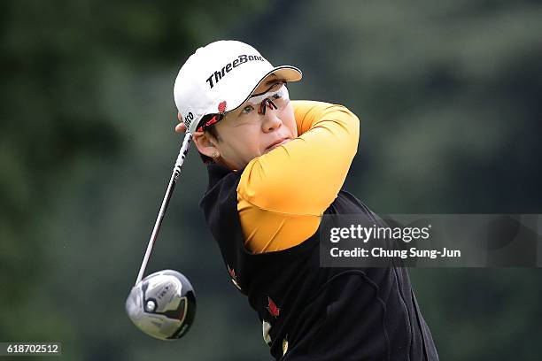 Jiyai Shin of South Korea plays a tee shot on the 2nd hole during the first round of the Higuchi Hisako Ponta Ladies at the Musashigaoka Golf Course...